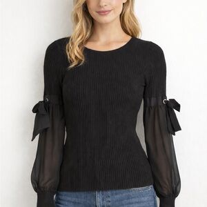 Design History Black Knit Blouse with Sheer Sleeves